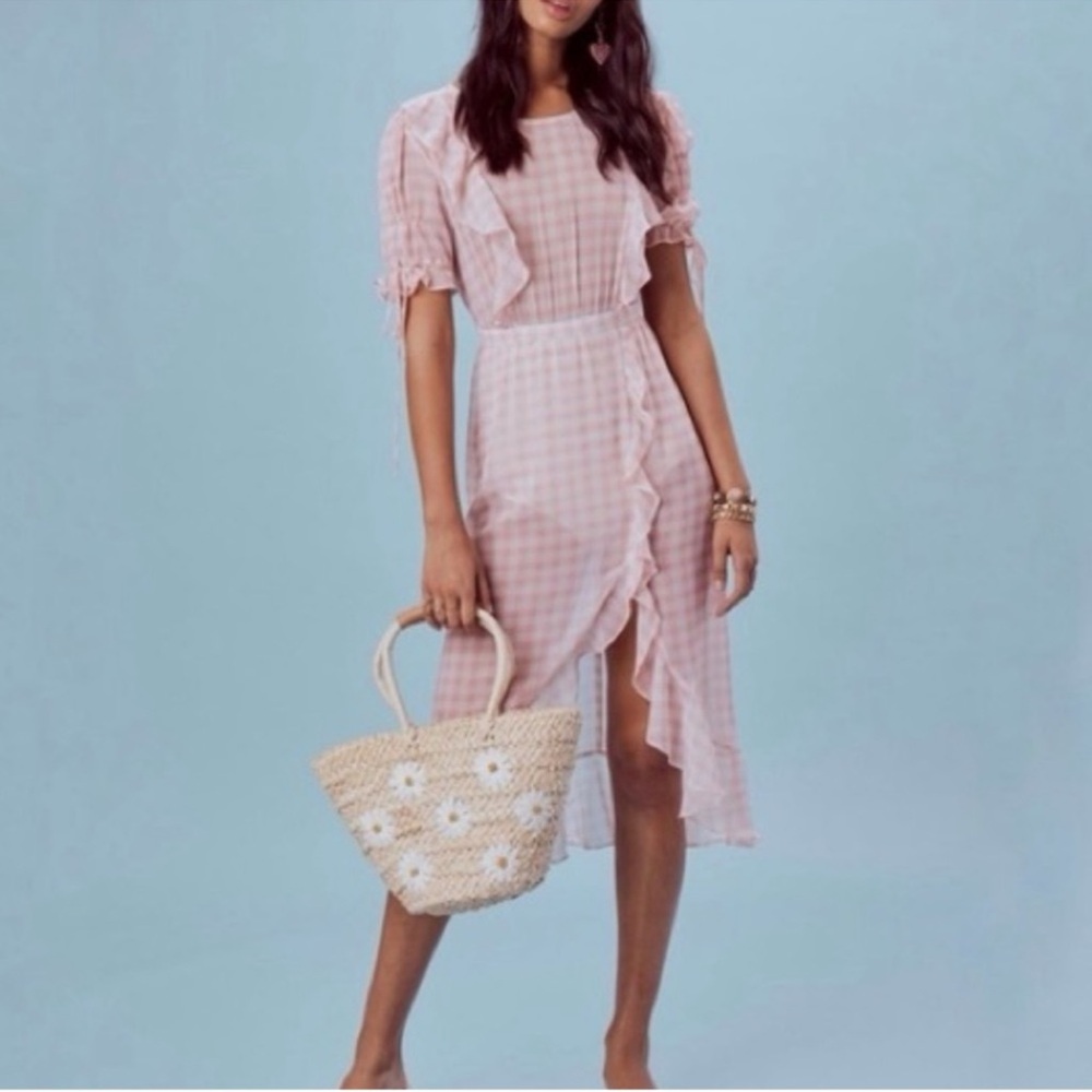 NWT For Love and Lemons Dorothy Ruffle Gingham Pink Midi Dress Size Large *FLAW*